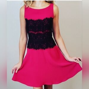 ⭐️NWOT Ann Taylor LOFT Hot Pink & Black Lace Sleeveless Cocktail Dress Sz …